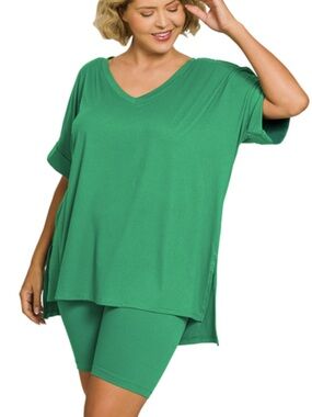 NWOT Zenana Kelly Green Biker Short Set Brushed Microfiber